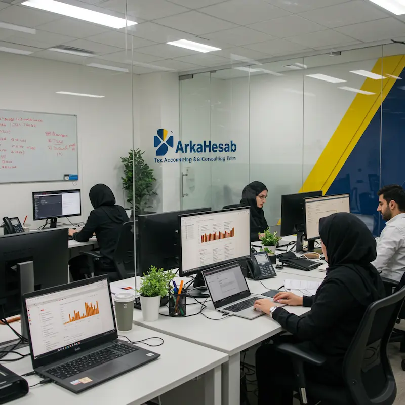 ArkaHesab accounting office with team members working on tax, financial, and innovation-related services on their screens