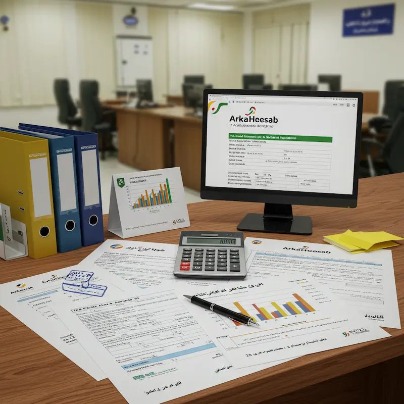 tax credit visuals with investment documents and an Iranian tax office interior, showing ArkaHesab branding