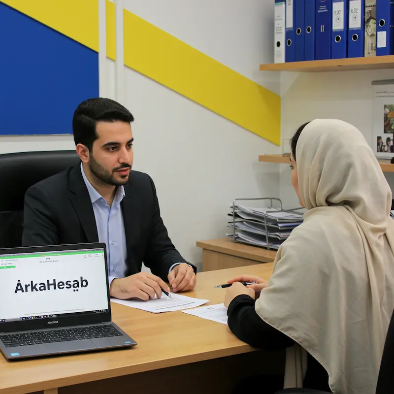 tax lawyer at ArkaHesab office reviewing legal documents with a client in a modern, professional setting